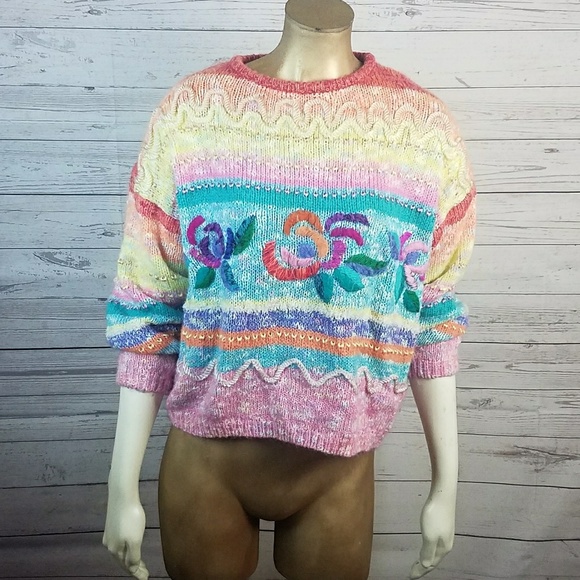 Vintage Floral Rainbow Chunky Knit Sweater - Picture 1 of 4